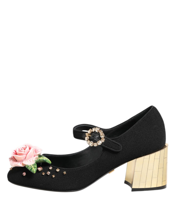 Schwarz Blume Kristall verschönert Mary Jane Schuhe