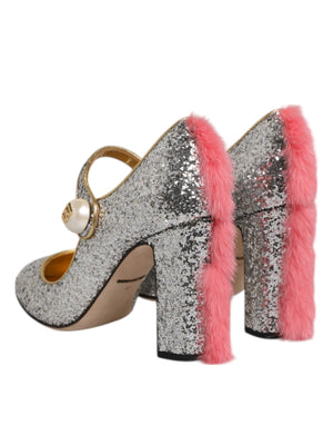 Silber Glitzer Nerz Pelz VALLY Pump Schuhe
