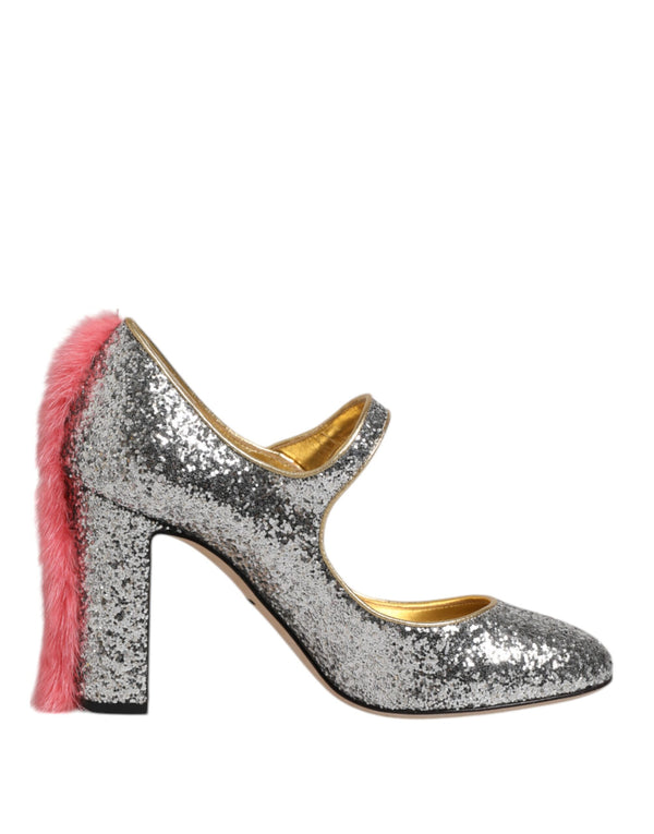 Silber Glitzer Nerz Pelz VALLY Pump Schuhe