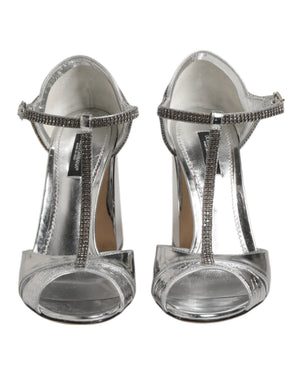Silberne Leder T-strap Heels Sandalen Schuhe