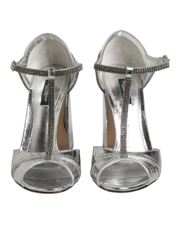 Silberne Leder T-strap Heels Sandalen Schuhe
