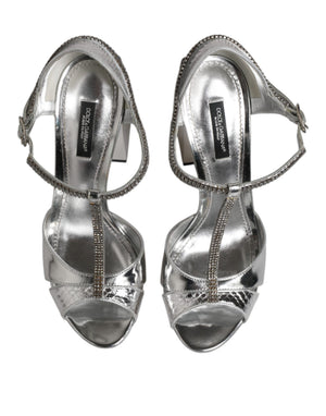 Silberne Leder T-strap Heels Sandalen Schuhe