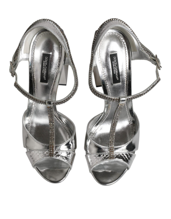 Silberne Leder T-strap Heels Sandalen Schuhe
