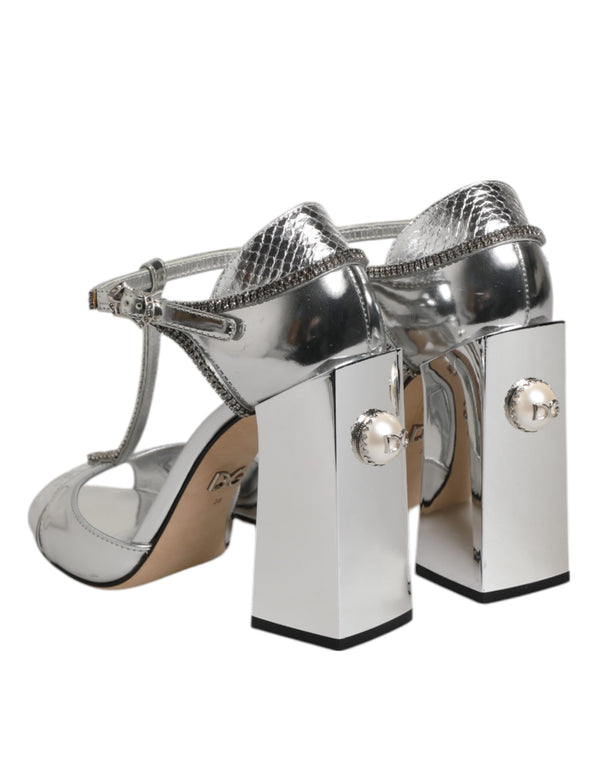 Silberne Leder T-strap Heels Sandalen Schuhe