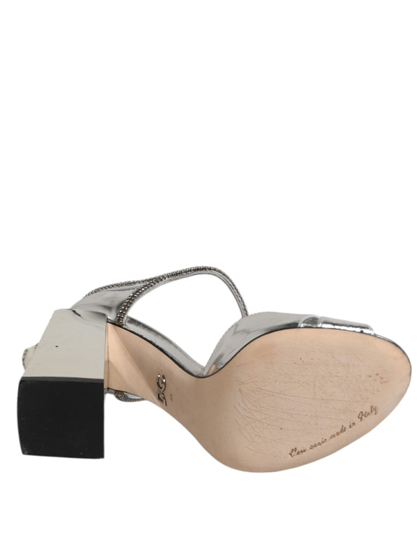 Silberne Leder T-strap Heels Sandalen Schuhe