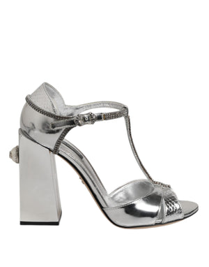Silberne Leder T-strap Heels Sandalen Schuhe