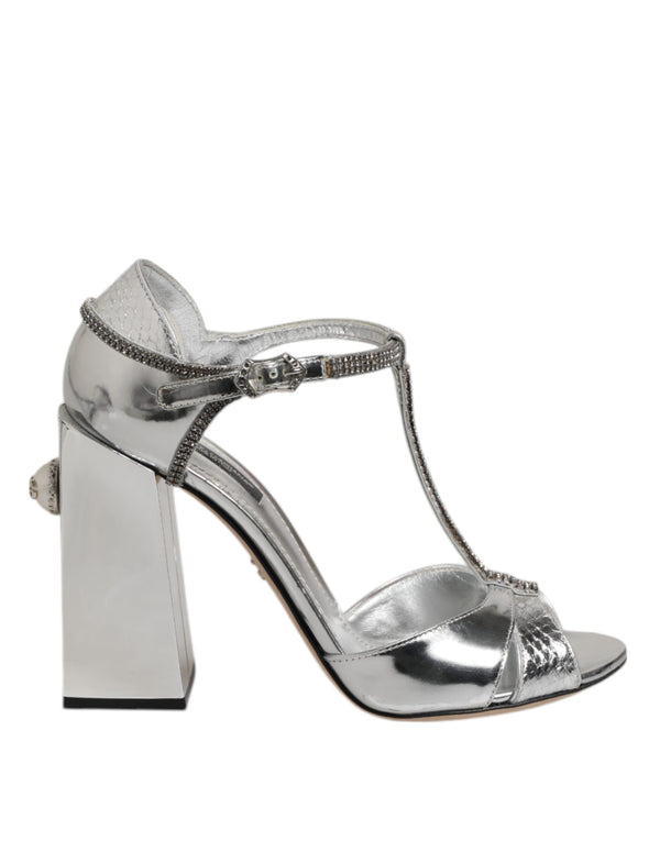 Silberne Leder T-strap Heels Sandalen Schuhe
