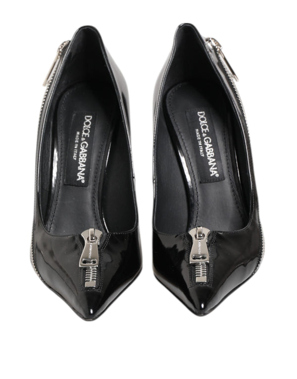 Schwarz Lackleder Reißverschluss Heels Pumps Schuhe