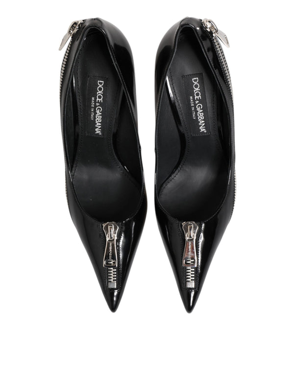 Schwarz Lackleder Reißverschluss Heels Pumps Schuhe