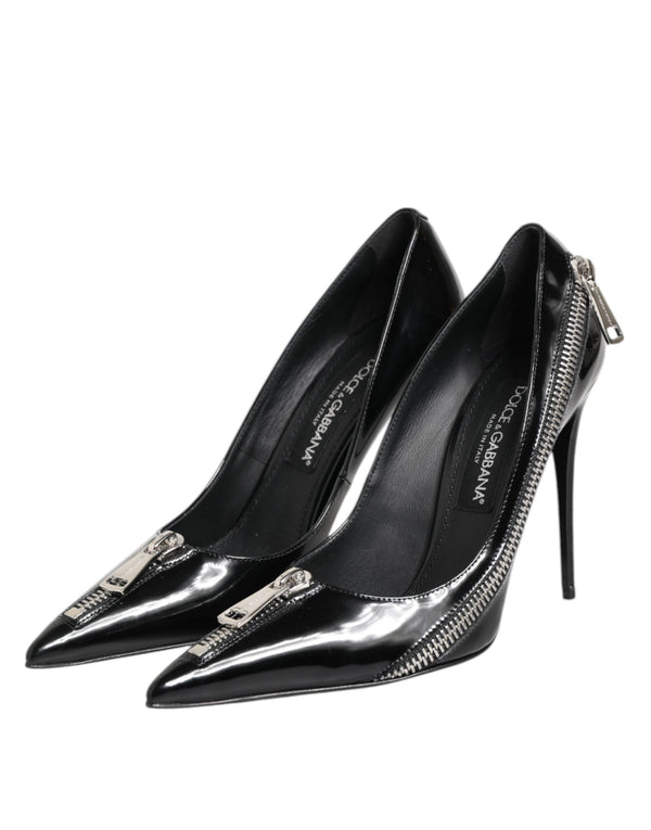 Schwarz Lackleder Reißverschluss Heels Pumps Schuhe