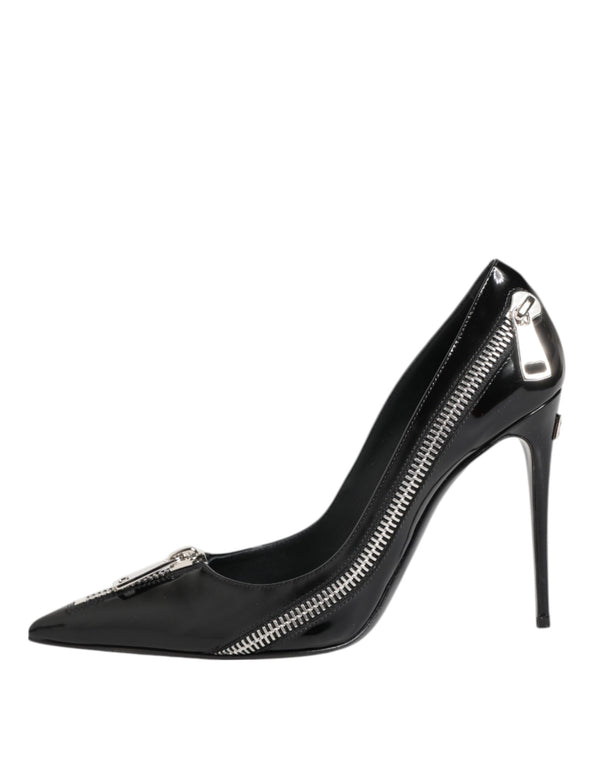 Schwarz Lackleder Reißverschluss Heels Pumps Schuhe