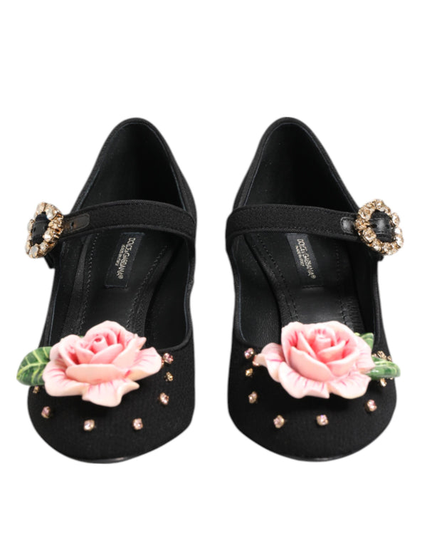 Schwarz Blume Kristall verschönert Mary Jane Schuhe