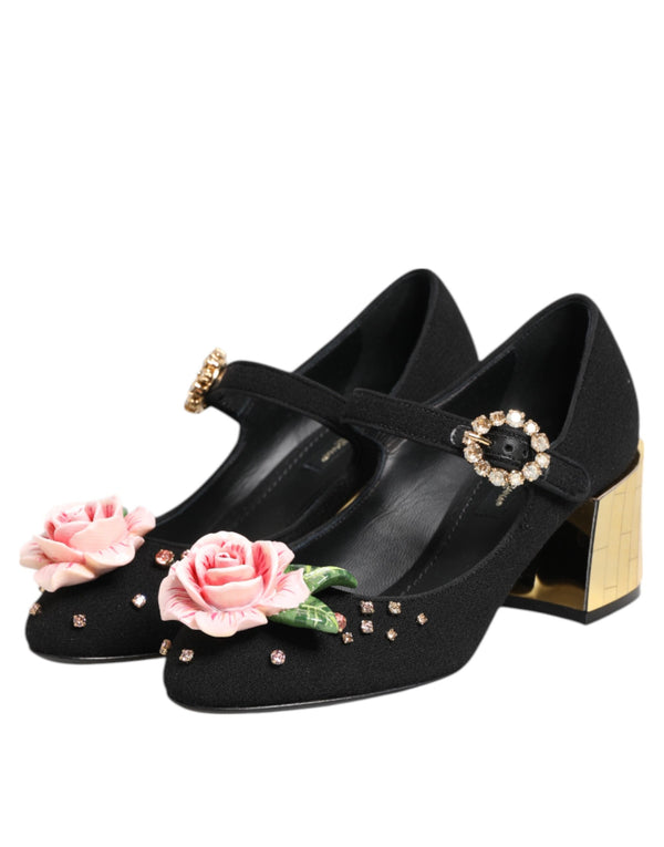 Schwarz Blume Kristall verschönert Mary Jane Schuhe