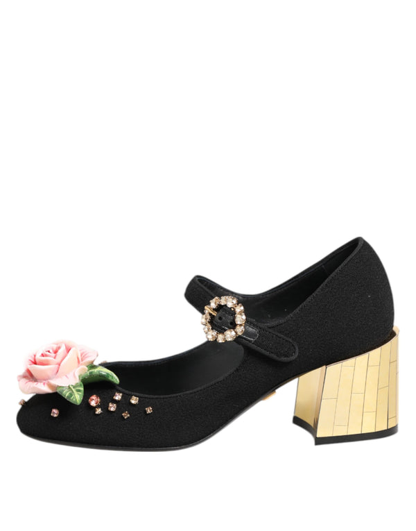 Schwarz Blume Kristall verschönert Mary Jane Schuhe