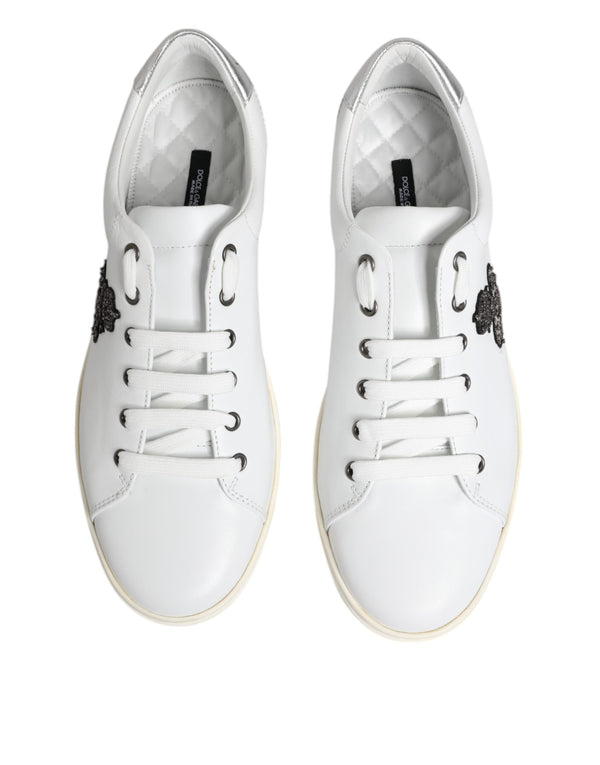 Weiß Crown Bee Leder Low Top Turnschuhe Schuhe