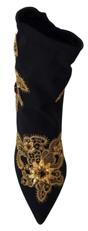 Schwarz Gold Stickerei Kristall Stiefel Schuhe