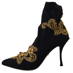 Schwarz Gold Stickerei Kristall Stiefel Schuhe