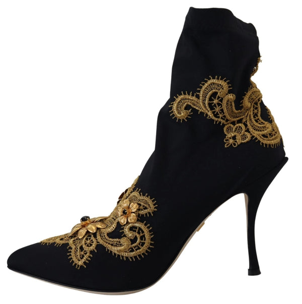Schwarz Gold Stickerei Kristall Stiefel Schuhe