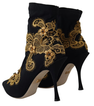 Schwarz Gold Stickerei Kristall Stiefel Schuhe