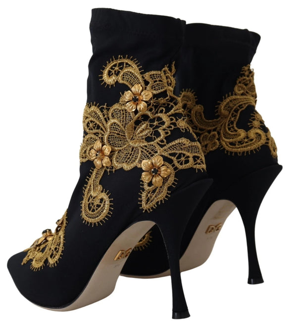 Schwarz Gold Stickerei Kristall Stiefel Schuhe