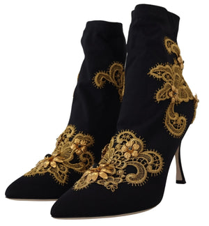Schwarz Gold Stickerei Kristall Stiefel Schuhe