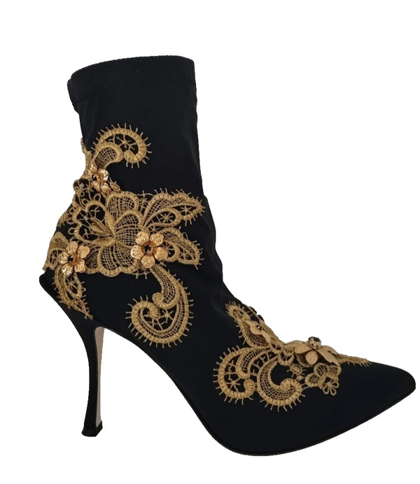 Schwarz Gold Stickerei Kristall Stiefel Schuhe