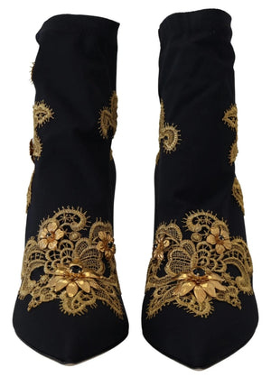 Schwarz Gold Stickerei Kristall Stiefel Schuhe