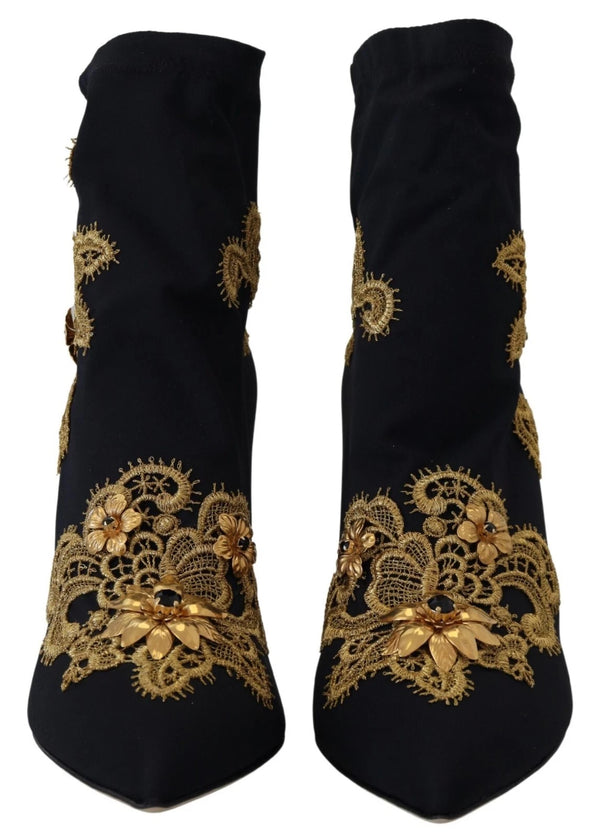 Schwarz Gold Stickerei Kristall Stiefel Schuhe