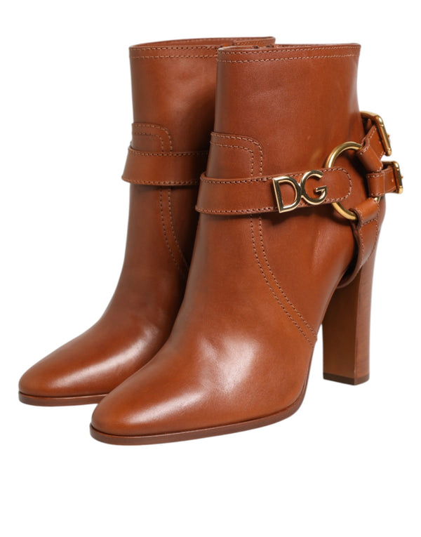 Braune Leder DG Logo Schnallenstiefel Schuhe