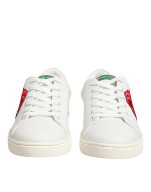Weißes Leder mit Rosenstickerei Low-Top Schuhe