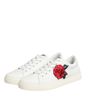 Weißes Leder mit Rosenstickerei Low-Top Schuhe