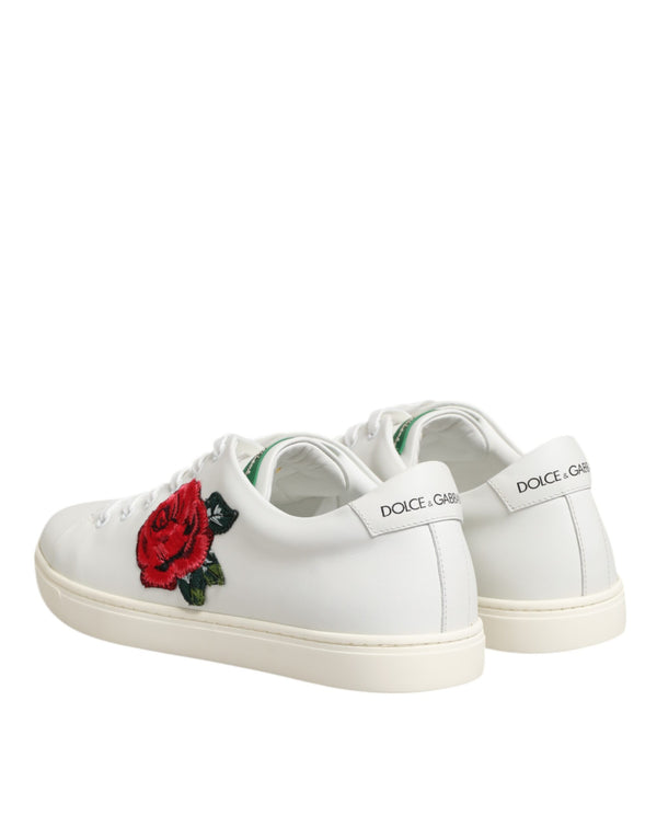 Weißes Leder mit Rosenstickerei Low-Top Schuhe