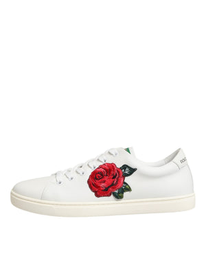 Weißes Leder mit Rosenstickerei Low-Top Schuhe
