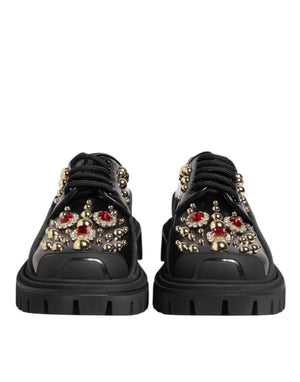 Derby-Schuhe aus schwarzem Leder mit Juwelen und Kristallen