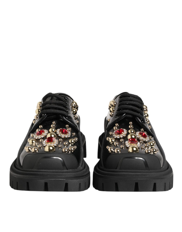 Derby-Schuhe aus schwarzem Leder mit Juwelen und Kristallen