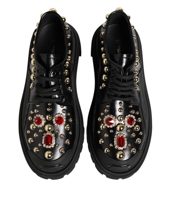 Derby-Schuhe aus schwarzem Leder mit Juwelen und Kristallen