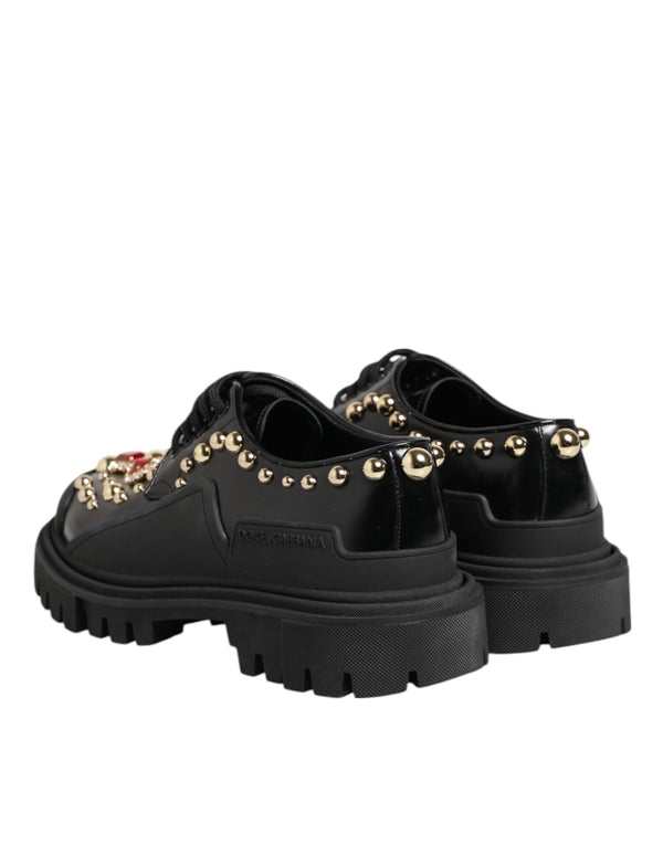 Derby-Schuhe aus schwarzem Leder mit Juwelen und Kristallen