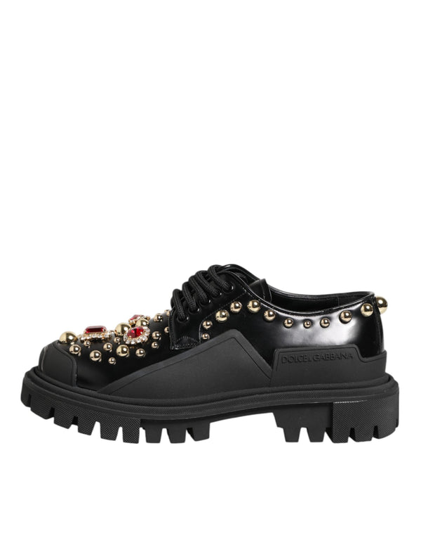 Derby-Schuhe aus schwarzem Leder mit Juwelen und Kristallen