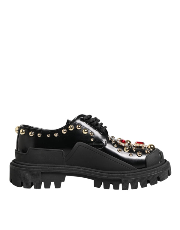 Derby-Schuhe aus schwarzem Leder mit Juwelen und Kristallen