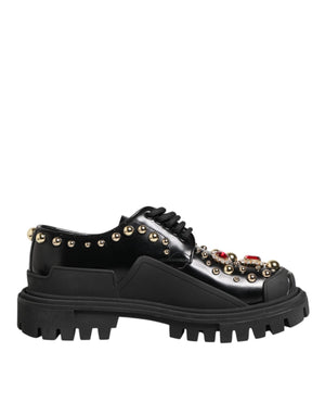 Derby-Schuhe aus schwarzem Leder mit Juwelen und Kristallen