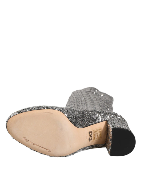 Schuhe Silber Pailletten Glitter High Heel Stiefel Schuhe