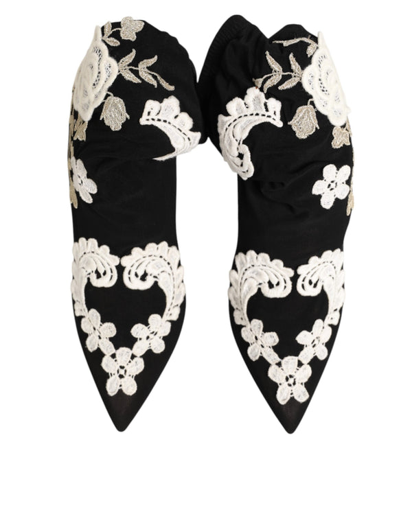 Schwarz Weiß Bestickte Jersey Stiletto Stiefel Schuhe