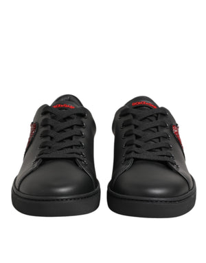 Schwarz Leder Crystal Heart Low Top Sneakers Schuhe