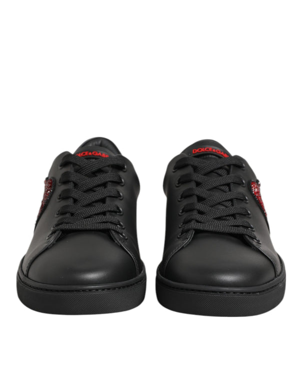 Schwarz Leder Crystal Heart Low Top Sneakers Schuhe