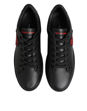 Schwarz Leder Crystal Heart Low Top Sneakers Schuhe