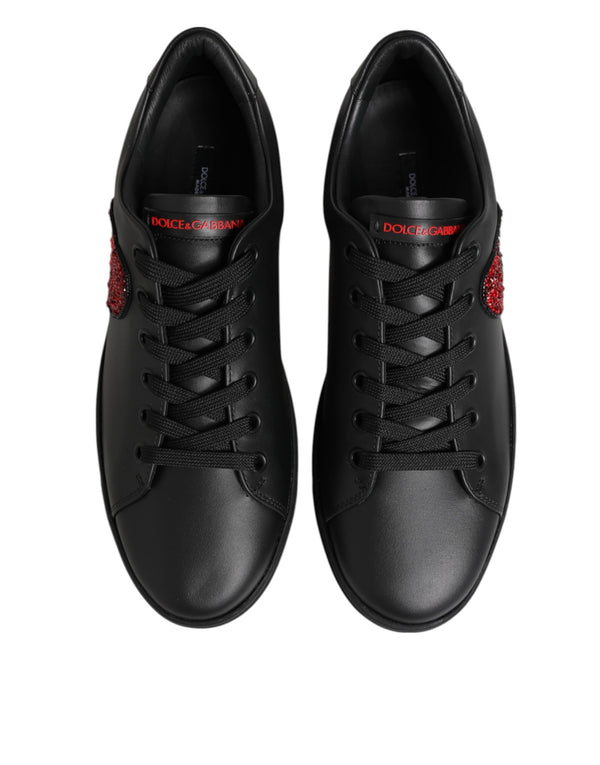 Schwarz Leder Crystal Heart Low Top Sneakers Schuhe