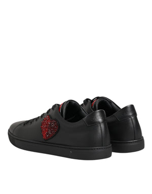 Schwarz Leder Crystal Heart Low Top Sneakers Schuhe