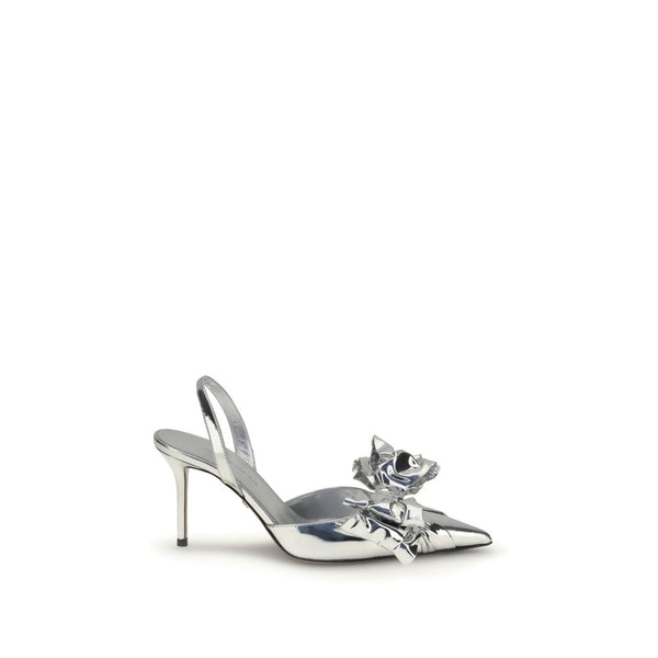 Silberne Lederpumps mit hohem Absatz