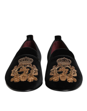Schwarzer Samt Gold Crown Herren Loafers Schuhe