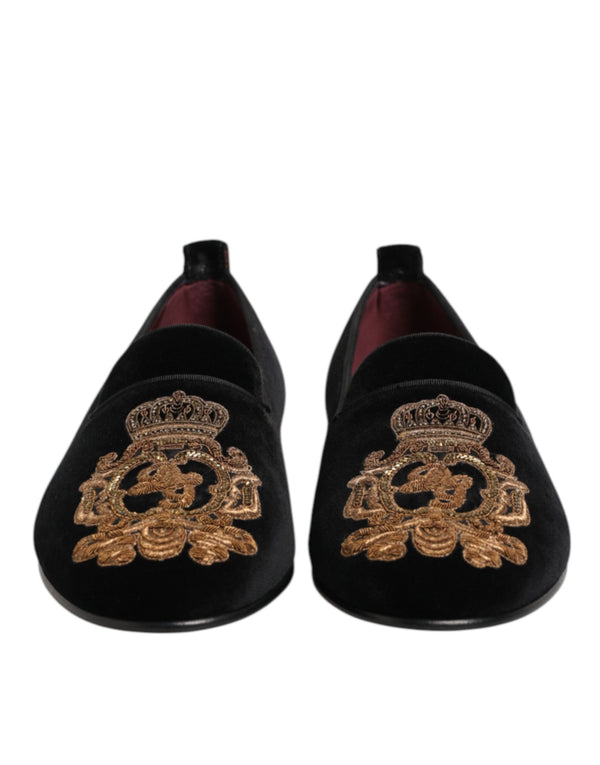 Schwarzer Samt Gold Crown Herren Loafers Schuhe